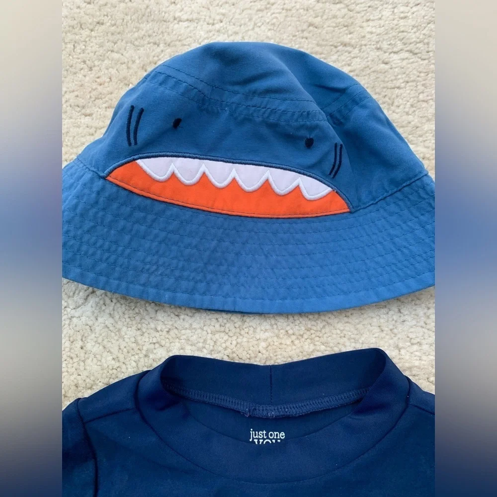 Carter’s Three Piece Swim Set with Bucket Hat, Rash Guard and Shark Swim Trunks